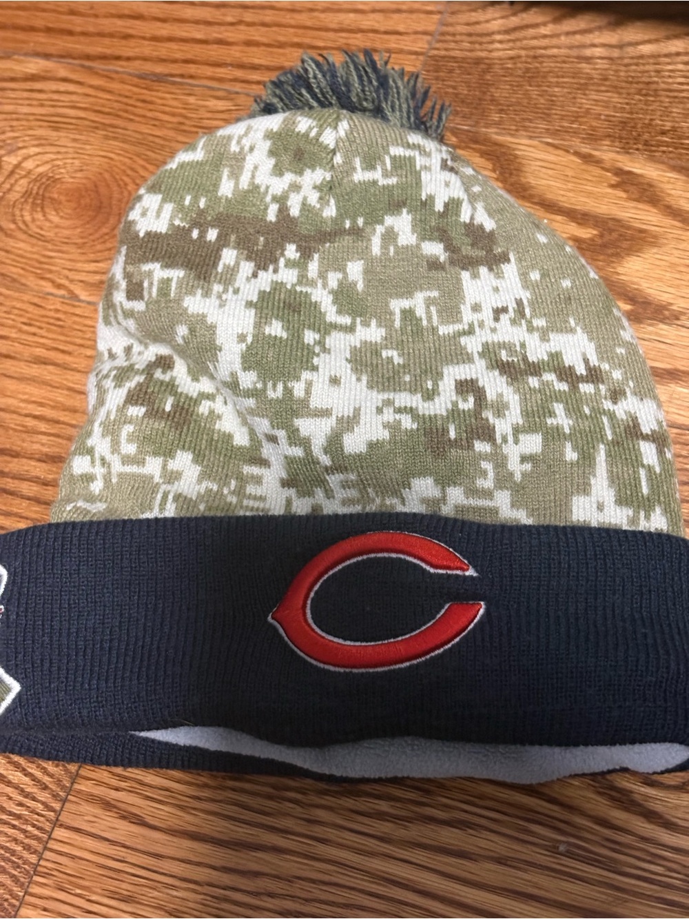 NFL Chicago Bears Knit Camo Pom Beanie - Olive, White, Navy with Red Logo
